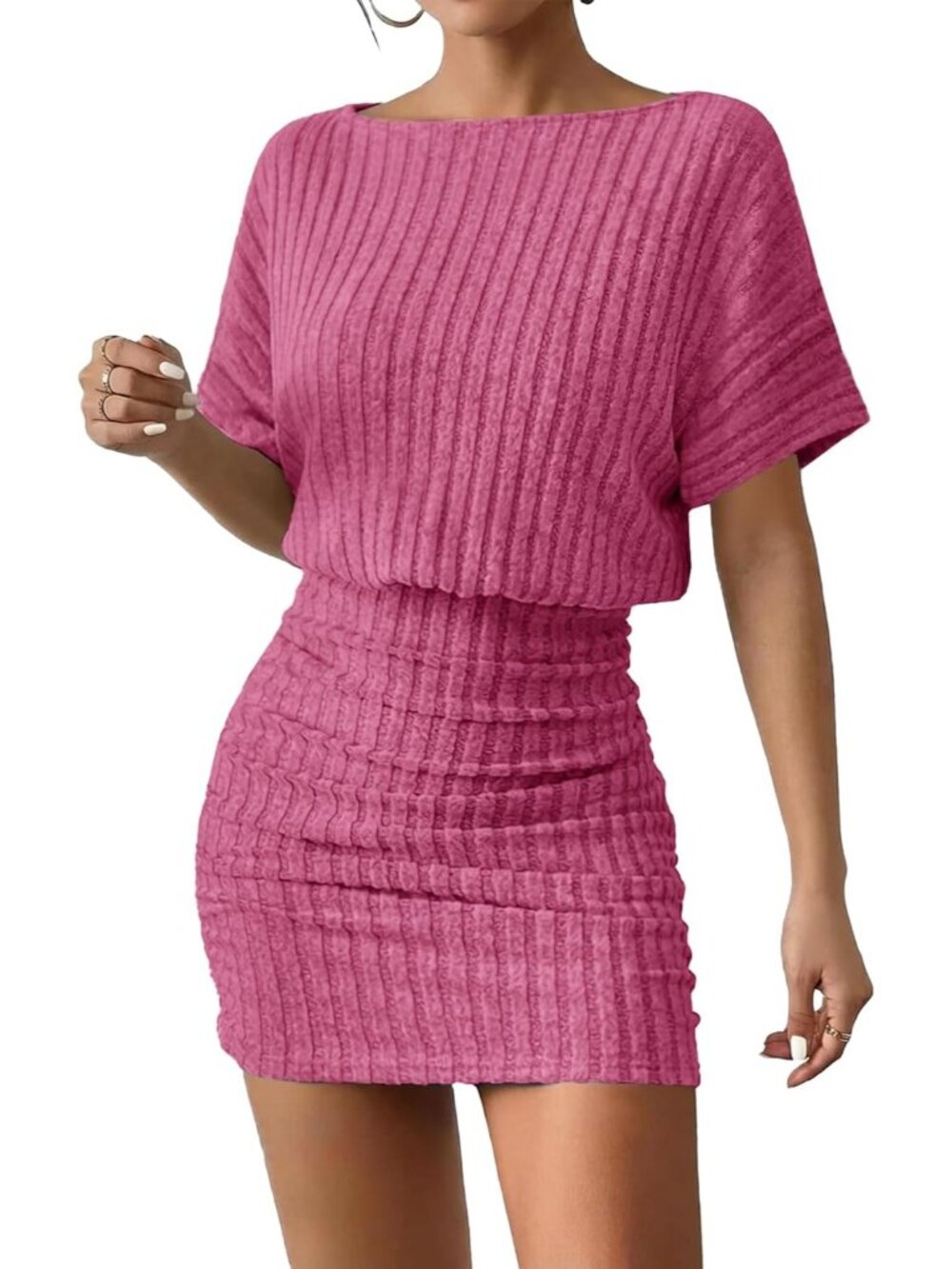 Women's Rose Red Summer Short Sleeve Sexy Ribbed Knit Party Club Mini Dress - Picture 1 of 6